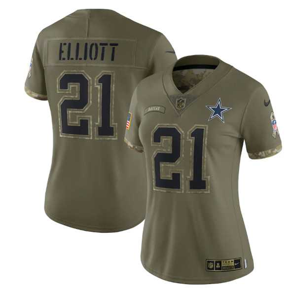 Women's Dallas Cowboys #21 Ezekiel Elliott 2022 Olive Salute To Service Limited Stitched Jersey(Run Small) Dyin